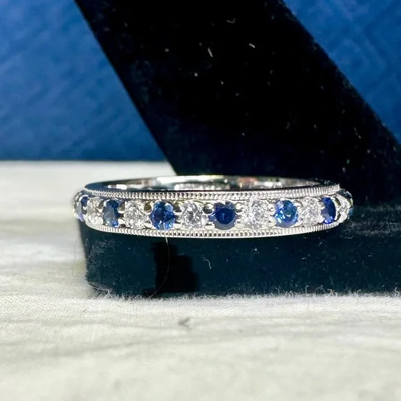 TACORI 925 Sterling Silver Eternity Band CZ Blue Colored Stones; SZ 7.5 - Picture 2 of 8
